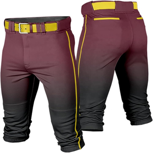 Pantalones de Béisbol para Hombre, Color Granate con Rayas Amarillas, Transpirables, de Poliéster, Ajustados, con Cierre de Cinturón, Bolsillos, Antibacterianos para Verano - Product Image 1