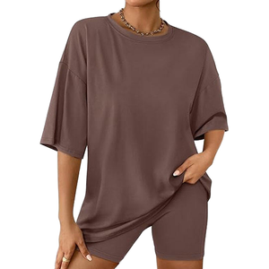 Ensemble court à carreaux personnalisé pour femme, haut et short marron, ourlet élastique, tenue décontractée, coton et polyester, hiver, respirant, ensembles rapides - Product Image 1