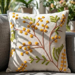 Artisan Crafted Textured Floral <b>Cushion</b> <b>Cover</b> with Intricate Green Leaf and Yellow Bloom Motif - Product Image 5