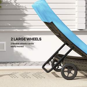 Patio blu cielo Chaise Wicker sedia a sdraio all'aperto PE Rattan lettino con schienale regolabile e 2 ruote - Product Image 4