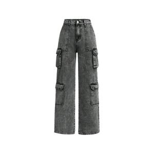 Pantalon cargo taille haute à jambes larges en denim de coton couleur unie coupe ample longueur intégrale style utilitaire pour femme collection printemps - Product Image 4