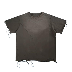Custom Men Brown Acid Wash Cotton T-<b>Shirt</b> Distressed Ripped Vintage Tee Boxy Fit Neck <b>Star</b> Print Streetwear High Quality 220g - Product Image 1