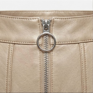 Women's Beige <b>Faux</b> <b>Leather</b> Mini <b>Skirt</b> High Waist A-Line Zipper Moto <b>Skirt</b> - Product Image 4