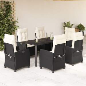 Set da pranzo da giardino in rattan PE nero e bianco crema, 7 pezzi - Product Image 1