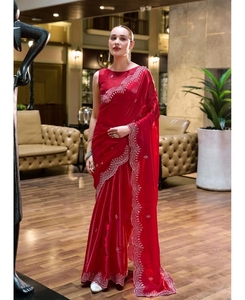 KV Elegant <b>Red</b> Shimmer Chiffon with Fine Embroidery <b>Saree</b> With Unstitched Blouse - Product Image 5