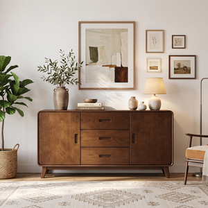 Midcentury Modern Natural Oak Living Room <b>Cabinet</b> 3 <b>Drawer</b> 2 Flat Panel Door <b>Storage</b> Sideboard Console Furniture Home Furniture - Product Image 1