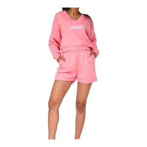 Conjunto de Dos Piezas para Mujer, Diseño Nuevo, Cuello en V, 100% Algodón, Felpa Francesa, Top Corto con Hombros Caídos y Pantalones Cortos, Estilo Holgado - Product Image 1