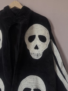 Handcrafted Black Velvet Skull Suzani <b>Jacket</b>: <b>Gothic</b> Embroidered Skeleton Coat - Product Image 2