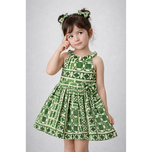 Vestido Casual sin Mangas para Niñas, Verde, de Algodón Estampado con Lazo en la Cintura - Product Image 3