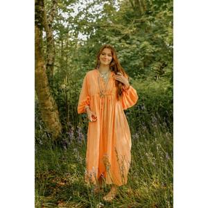 <b>Boho</b> Orange Maxi <b>Dress</b> For Women Loose <b>Long</b> Sleeve Cotton Sundress Vintage Hippie Festival Caftan - Product Image 2