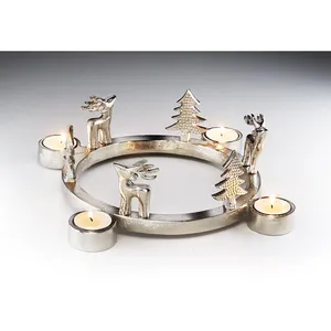 Round Silver Handmade <b>Candle</b> Stand with Reindeer and Tree Decor for Christmas Home Decoration - Product Image 1