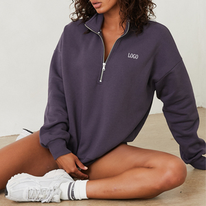 Sweat-shirt violet pour femme à col montant et fermeture éclair quart de tour, manches classiques, logo brodé sur le devant, couleur unie, en coton tricoté, idéal pour l'automne - Product Image 5