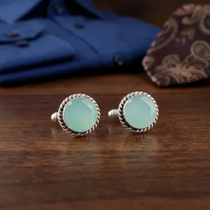 Ensemble de boutons de manchette en chalcédoine bleue aqua, faits à la main, sertis dans de l'argent sterling 925 plaqué, bijoux pour hommes et femmes - Product Image 3