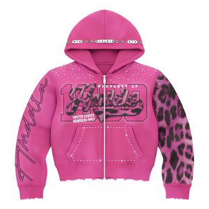 <b>Pink</b> Hooded Zip-Up <b>Sweatshirt</b> with Graphic Print Regular Fit Streetwear Fleece Unisex Winter Eco-Friendly 100% Cotton Long - Product Image 2