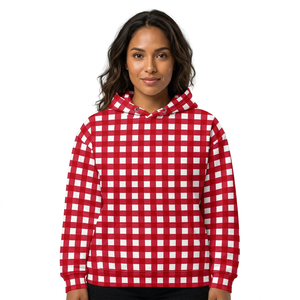 Sudadera con Capucha a Cuadros para Mujer, Personalizada, Roja y Blanca, con Estampado a Cuadros, Informal, de Manga Larga, con Bolsillo Tipo Canguro - Product Image 1