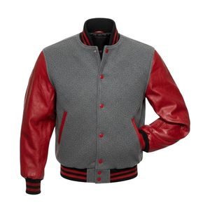 Blouson universitaire gris et rouge à manches contrastées en mélange de laine, style baseball, avec bordure côtelée rayée, pour homme - Product Image 1
