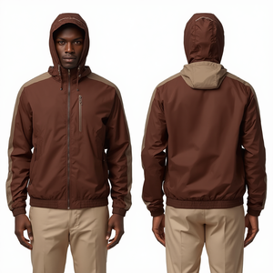 Custom Manufacturing <b>Men's</b> Brown <b>Lightweight</b> Windbreaker <b>Jacket</b> Hooded Premium Nylon Everyday Outerwear Design - Product Image 1