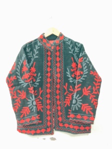 Hand Embroidered Women's <b>Jacket</b> <b>Mandarin</b> <b>Collar</b> Floral Pattern Full Sleeve Autumn Style 100% Cotton Woven Fabric - Product Image 1