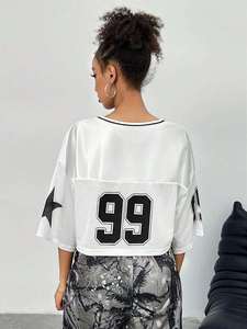 Camiseta deportiva informal de malla elástica con estampado de letras y cuello en V para mujer, de manga larga y corte holgado - Product Image 3
