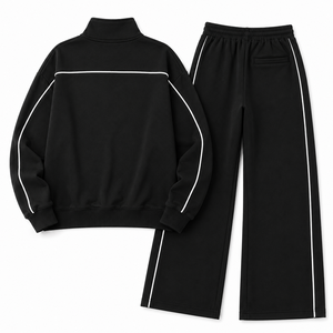 Veste zippée intégrale OEM pour femme, survêtement zippé avec passepoil contrastant, coupe décontractée, pantalon large, logo personnalisé, athleisure, vente en gros - Product Image 4