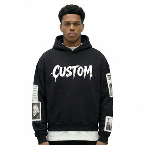 Sudadera con capucha extragrande personalizada con logotipo, para hombre, negra, de algodón tejido, informal, para otoño. - Product Image 3