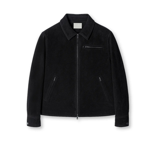 Men's <b>Black</b> <b>Suede</b> Bomber <b>Jacket</b> Casual Turn-down Collar Zipper Closure Regular Fit Autumn Wear - Product Image 1