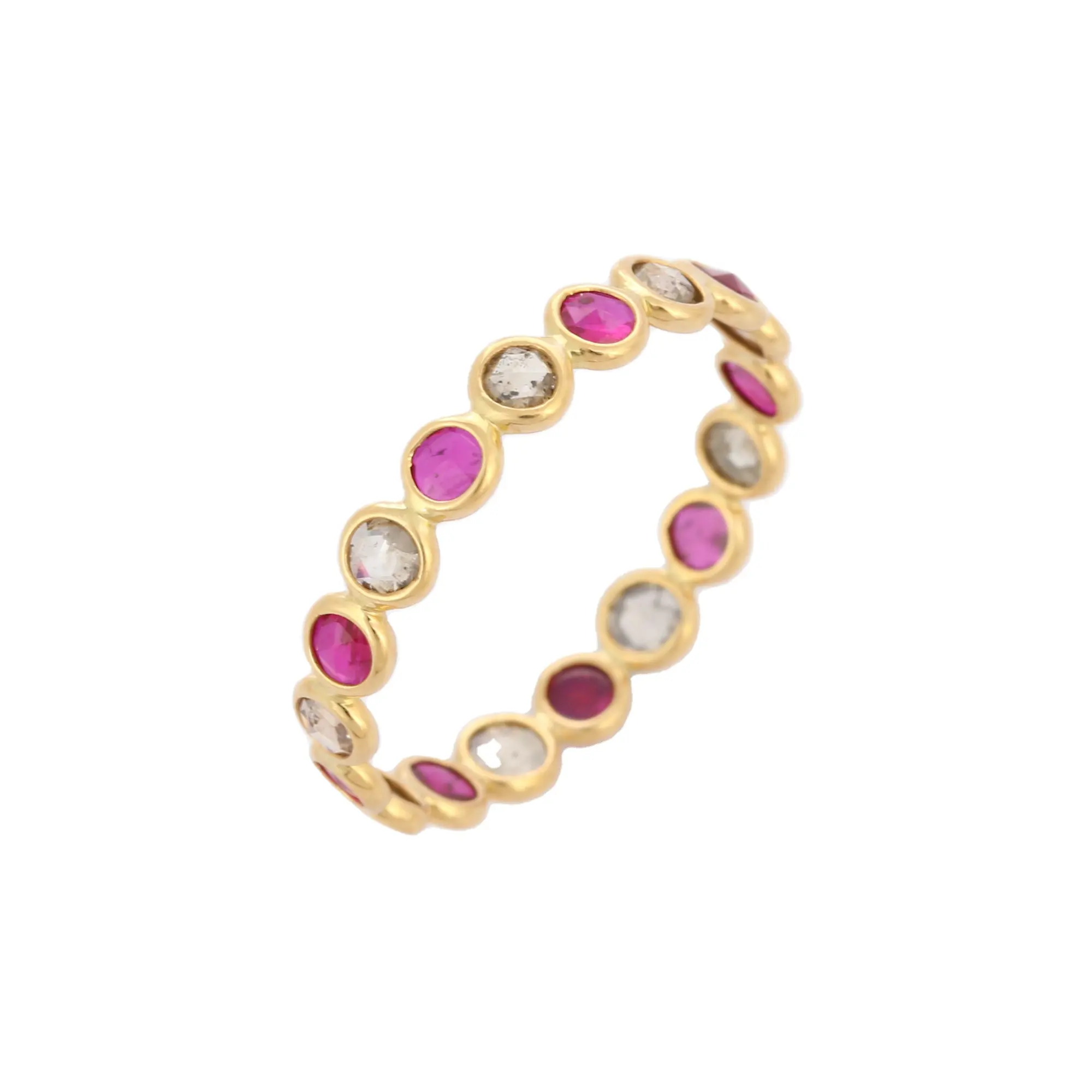 Bague ronde en diamant rubis naturel fait à la main, anneau d'éternité en or jaune massif 18K, anneau de bande entièrement empilable, bijoux fins pour femmes et hommes