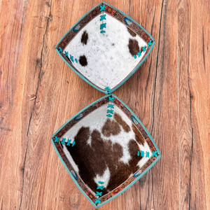 Bol en cuir de vachette véritable avec 3 jeux de cheveux en cuir de vachette turquoise en relief Bol Western Whipstitch Plateau de valet luxueux Cadeaux de mariage - Product Image 3