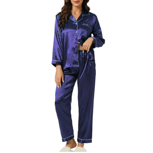 <b>Women's</b> Breathable Lightweight Satin Button <b>Lounge</b> Pajama Set Soft Sleepwear Solid Pattern Elastic Waist for Summer Autumn - Product Image 1