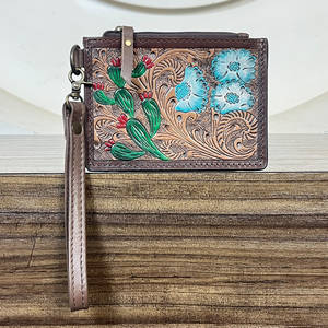 Premium Hand Tooled Genuine Leather Floral & Cactus Pattern <b>Women</b> Clutch Luxury Western Style <b>Wallet</b> ATM Credit Card Holder - Product Image 3