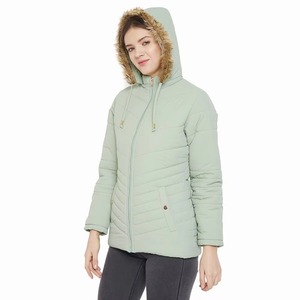 Women's Light Green Quilted Jacket With <b>Fur</b> Trim Hood Zipper Closure Winter Coat Full Sleeve Regular Length Solid Color - Product Image 4