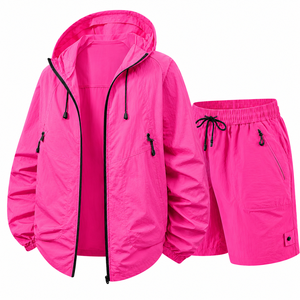 Custom <b>Men's</b> Hooded Nylon Windbreaker <b>Jacket</b> and Shorts Set Lightweight Water Resistant OEM Logo - Product Image 5
