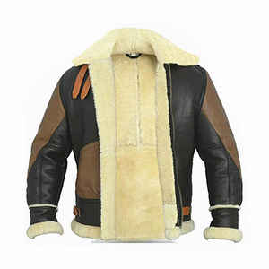 Blouson bomber en cuir véritable pour homme, doublé en sherpa, fermeture éclair, vêtement d'extérieur d'hiver, style motard - Product Image 1