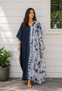 Trendy Women Navy Blue Tie Dye V Neck Bohemian <b>Kaftan</b> Maxi Dress 100% Cotton Woven Eco-Friendly Modern <b>Summer</b> Beach Wear Resort - Product Image 1