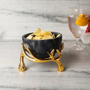 Bol de service moderne noir écologique et durable avec support en métal en forme de bois de cerf doré, bol à collation de luxe noir mat pour les fêtes - Product Image 5
