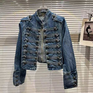 Stand Up Collar Denim <b>Jacket</b> Washed Blue Motor Coat Punk Goth Vintage Women M - Product Image 1