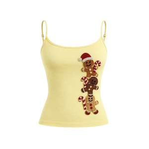 Débardeur Camisole Jaune Perlé pour Femme, Col Rond, Bretelles Fines, Motif Dessin Animé de Noël en Tricot pour Femme – Vente en Gros - Product Image 1