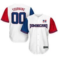 Mego Industry BBJ-016 Jersey Baseball Putih Merah Biru Lengan Pendek Poliester Kancing Depan Cetak Sublimasi Nomor Tim Regular