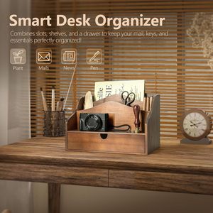 Vintage Wooden Desk Organizer with <b>Drawer</b> Multi Tiered Wood Mail Sorter Pen Holder <b>Storage</b> <b>Box</b> For Office Supply Wholesale - Product Image 4