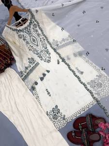 Conjunto de Salwar Kameez Blanco Bordado con Dupatta de Encaje y Pantalones Palazzo para Bodas, Fiestas y Uso Casual - Product Image 4