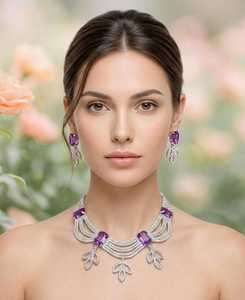 Ensemble collier et boucles d'oreilles American Diamond |   Bijoux de mariée indo-occidentaux plaqués argent avec CZ |   Pierre violette, rose, bleue - Product Image 1