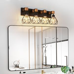 Luminaire de salle de bain moderne à 4 lumières de style géométrique avec accents en métal noir et en bois, lampe de miroir de salle de bain de 24 pouces - Product Image 4