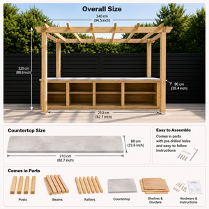 Pérgola de Lujo para Exteriores con Cocina y Barra, Estantes de Almacenamiento, Estación de Entretenimiento Moderna de Madera para Jardín con Encimera - Product Image 3