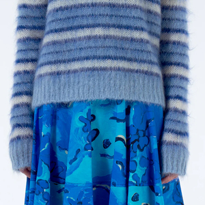 Pull en mohair rayé bleu pour femme, col rond, manches longues, décontracté, mi-long, anti-boulochage, couleur dégradée - Product Image 5