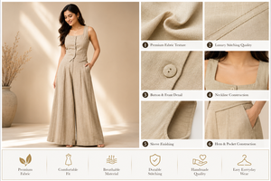 Premium <b>Linen</b>/Cotton Women's Bohemian Loose Fit Luxury Button Vest Regular <b>Top</b> Wide Leg Pants Two Piece Outfit Set - Product Image 4