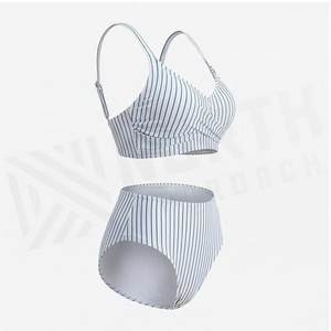 Women Striped Bikini Set High Waist Bottom <b>Crossed</b> Halter <b>Top</b> Twist Detail Spandex Polyester Swimwear - Product Image 3