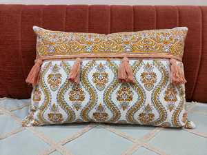 Handcrafted Block Print Floral Lumbar <b>Cushion</b> <b>Cover</b> with Tassels and Braided Trim - Product Image 4