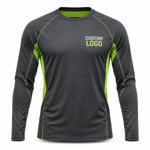 T-shirt de sport à manches longues pour homme, gris foncé, panneaux en mesh vert lime, séchage rapide, col rond, coupe classique, logo personnalisé imprimé sur le devant - Product Image 1