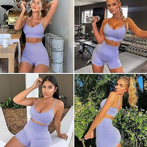 ชุดโยคะไร้รอยต่อสำหรับผู้หญิง ชุดออกกำลังกาย 2 ชิ้น เสื้อครอปแขนสั้นพร้อมกางเกงวิ่งขาสั้นเอวสูง ชุดออกกำลังกายระบายอากาศได้ดี - Product Image 5