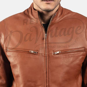 เสื้อแจ็คเก็ตหนังแท้สีน้ำตาลแทนพรีเมียมสำหรับผู้ชาย ทรงเข้ารูป คอตั้ง ซิปคลาสสิก สไตล์นักขี่มอเตอร์ไซค์ เสื้อคลุมสตรีทแวร์ - Product Image 1